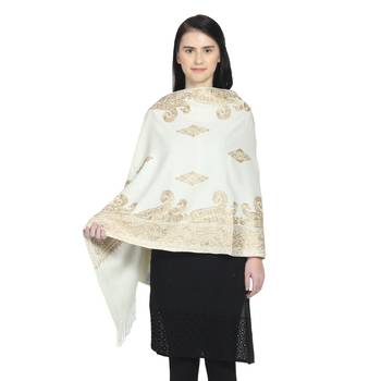 Natural & Gold Woollen Paisley Geometric Embroidered Shawl 1