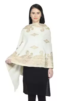 Natural & Gold Woollen Paisley Geometric Embroidered Shawl