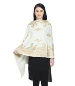 Natural & Gold Woollen Paisley Geometric Embroidered Shawl