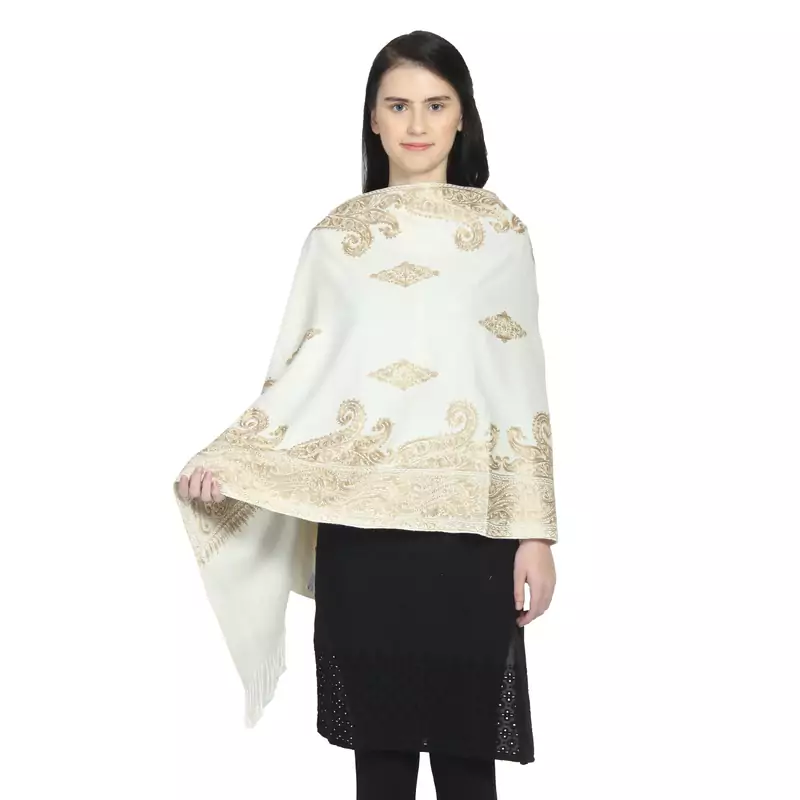 Natural & Gold Woollen Paisley Geometric Embroidered Shawl