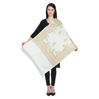 Natural & Gold Woollen Paisley Geometric Embroidered Shawl 2