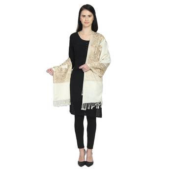 Natural & Gold Woollen Paisley Geometric Embroidered Shawl 3