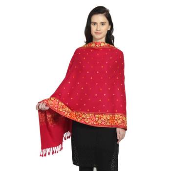 Fuschia & Multi Woollen Floral Polka Dot Hand Embroidered Shawl 1