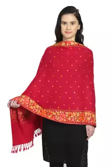 Fuschia & Multi Woollen Floral Polka Dot Hand Embroidered Shawl