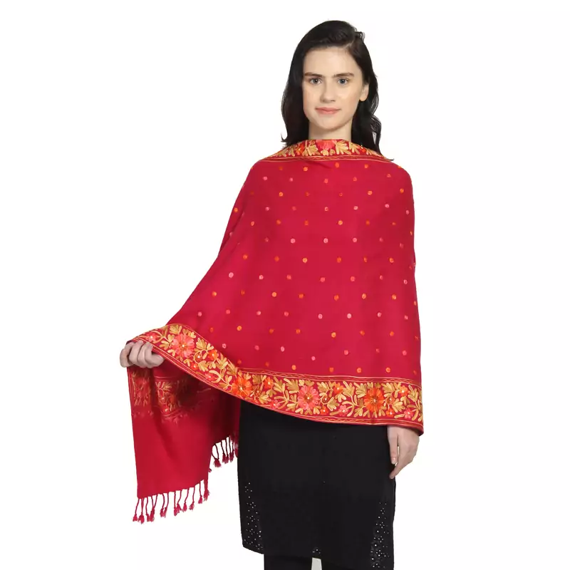 Fuschia & Multi Woollen Floral Polka Dot Hand Embroidered Shawl