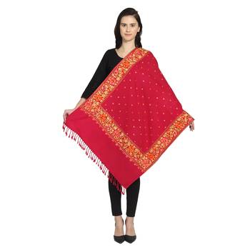 Fuschia & Multi Woollen Floral Polka Dot Hand Embroidered Shawl 2