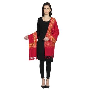 Fuschia & Multi Woollen Floral Polka Dot Hand Embroidered Shawl 3