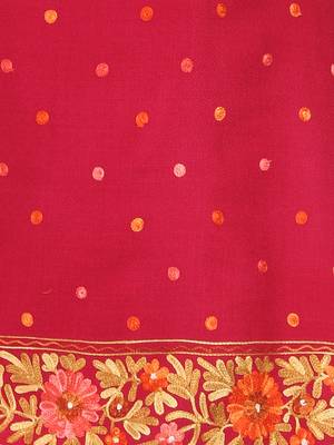 Fuschia & Multi Woollen Floral Polka Dot Hand Embroidered Shawl 4