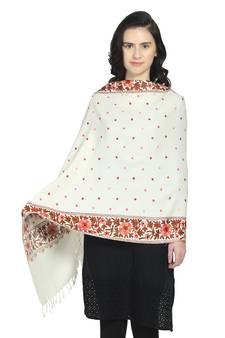 Natural & Multi Woollen Floral Polka Dot Hand Embroidered Shawl