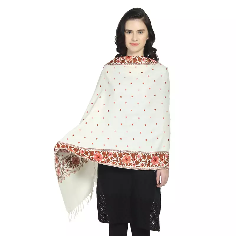 Natural & Multi Woollen Floral Polka Dot Hand Embroidered Shawl