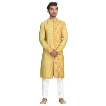 Yellow Printed Silk Men Kurtas 1