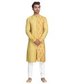 Yellow Printed Silk Men Kurtas