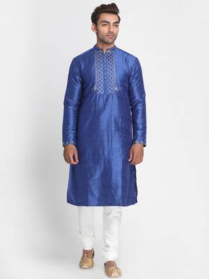 Blue Embroidered Dupion Silk Men Kurtas 1