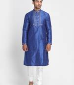Blue Embroidered Dupion Silk Men Kurtas