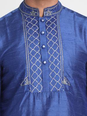 Blue Embroidered Dupion Silk Men Kurtas 2
