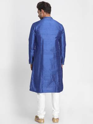 Blue Embroidered Dupion Silk Men Kurtas 3