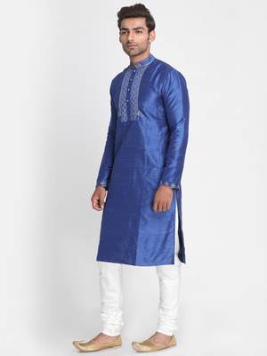 Blue Embroidered Dupion Silk Men Kurtas 4