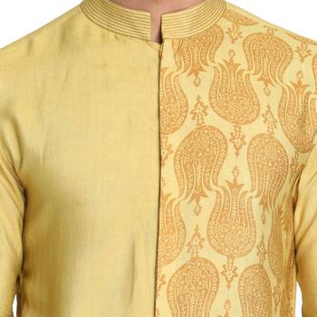 Yellow Printed Silk Men Kurtas 4