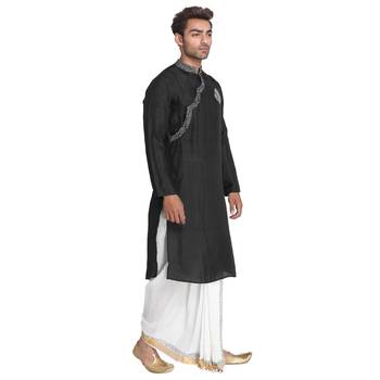 Black Embroidered Silk Men Kurtas 3