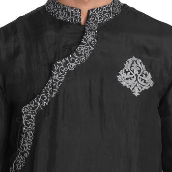 Black Embroidered Silk Men Kurtas 5