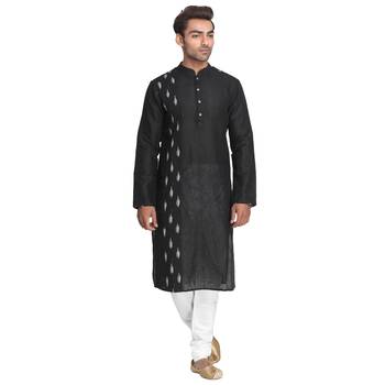 Black Hand Woven Cotton Men Kurtas 1