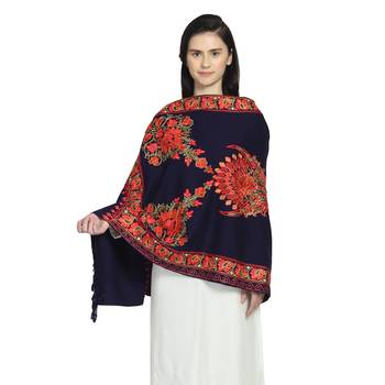 Navy & Multi Woollen Floral Paisley Hand Embroidered Shawl 1