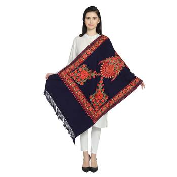 Navy & Multi Woollen Floral Paisley Hand Embroidered Shawl 2