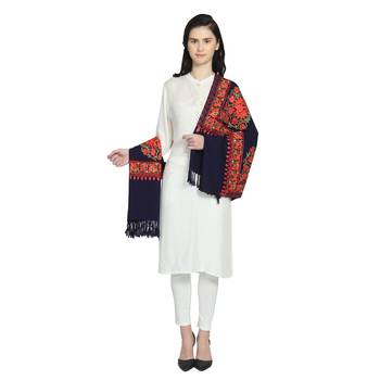 Navy & Multi Woollen Floral Paisley Hand Embroidered Shawl 3