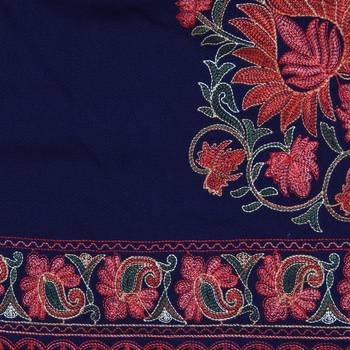 Navy & Multi Woollen Floral Paisley Hand Embroidered Shawl 4