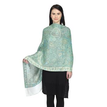 White & Blue Green Modal Woven Design Floral Paisley Reversible Shawl 1