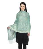 White & Blue Green Modal Woven Design Floral Paisley Reversible Shawl