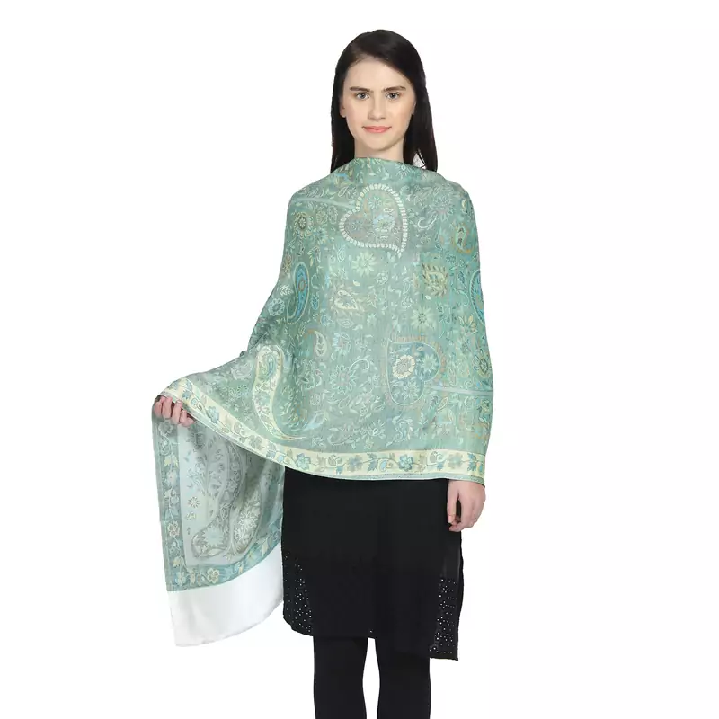 White & Blue Green Modal Woven Design Floral Paisley Reversible Shawl