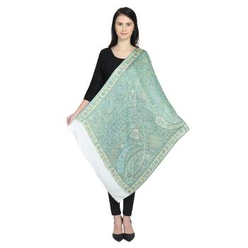 White & Blue Green Modal Woven Design Floral Paisley Reversible Shawl 2