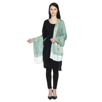 White & Blue Green Modal Woven Design Floral Paisley Reversible Shawl 3