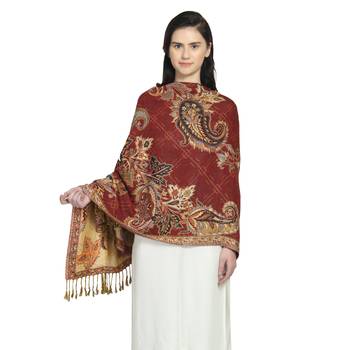 Wine & Multi Viscose Rayon Woven Design Floral Paisley Reversible Shawl 1