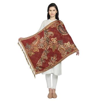 Wine & Multi Viscose Rayon Woven Design Floral Paisley Reversible Shawl 2