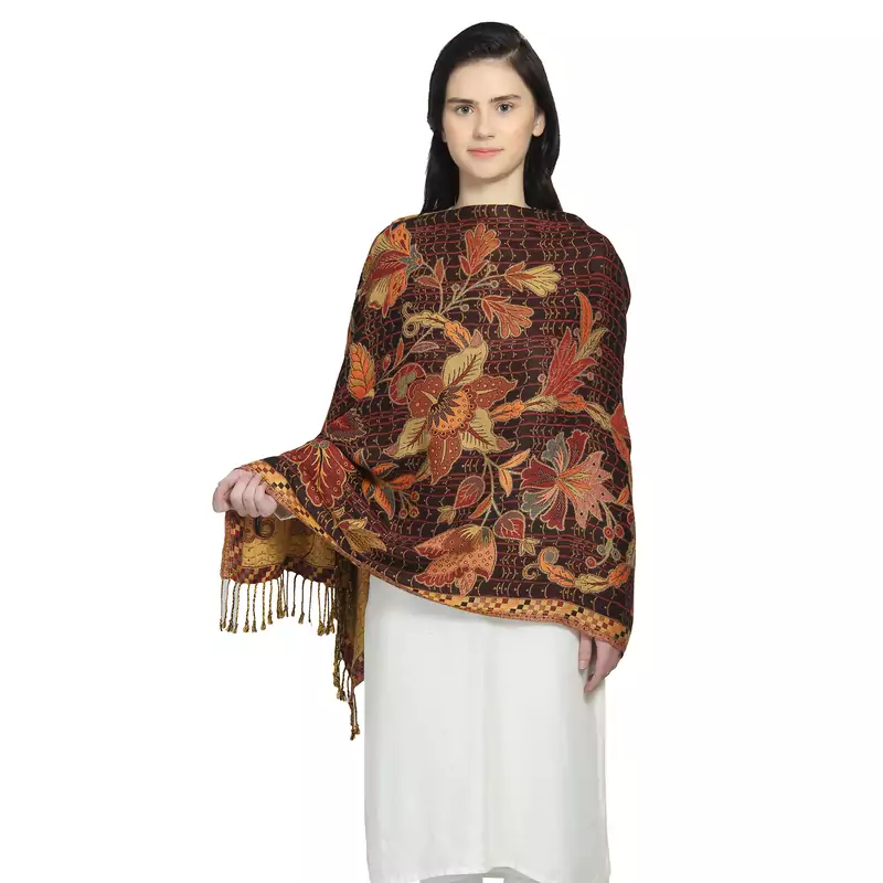 Brown & Multi Viscose Rayon Woven Design Floral Geometric Shawl