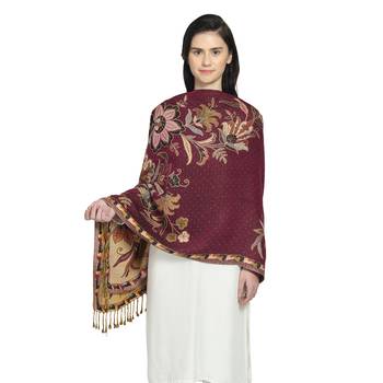 Brinjal/Purple & Multi Viscose Rayon Woven Design Floral Botanical Reversible Shawl 1
