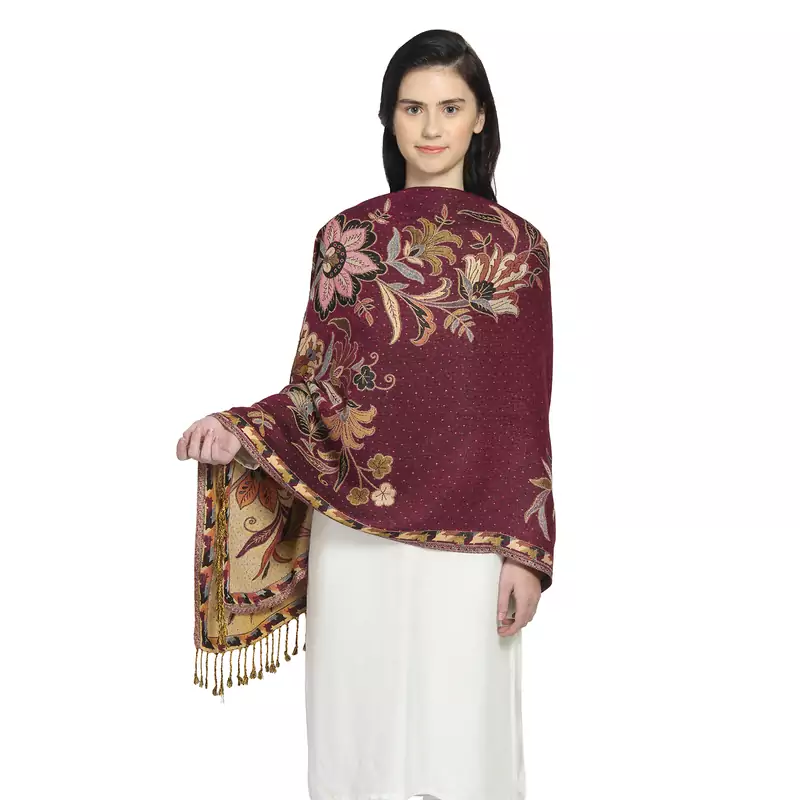 Brinjal/Purple & Multi Viscose Rayon Woven Design Floral Botanical Reversible Shawl