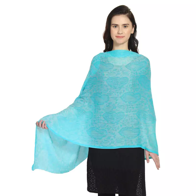 Light Blue Woollen Woven Design Paisley Shawl
