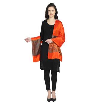 Bright Orange Modal Woven Design Paisley Shawl 3