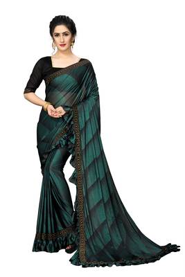Green Plain Lycra Designer Saree With Blouse 1