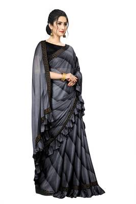 Grey Plain Lycra Designer Saree With Blouse 4