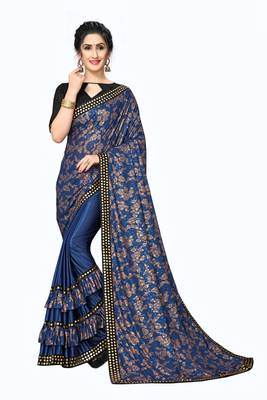 Blue Plain Lycra Designer Saree With Blouse 1