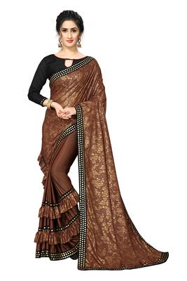 Brown Plain Lycra Designer Saree With Blouse 1