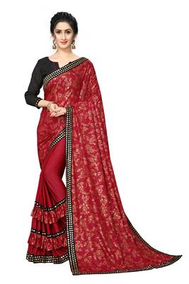 Red Plain Lycra Designer Saree With Blouse 1