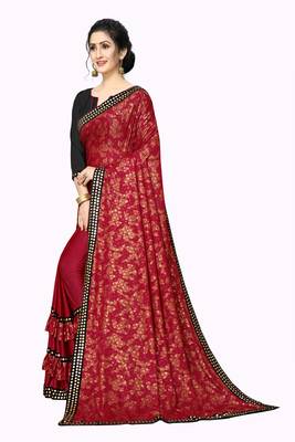 Red Plain Lycra Designer Saree With Blouse 3