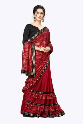 Red Plain Lycra Designer Saree With Blouse 4