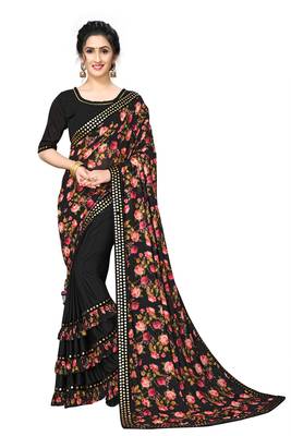 Black Plain Lycra Designer Saree With Blouse 1