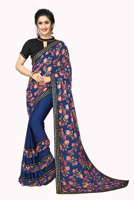 Blue Plain Lycra Designer Saree With Blouse 1